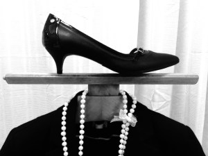 Getting ready for an interview: black suit, pearls, and black heels.Classic and pretty. (Photo by Ashley Jones, 2015.)