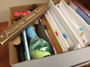 A box I packed on the day God set me on a new course. I just love the prophetic message of the sign I packed!